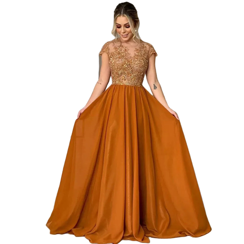 Elegant Short Sleeves Mother Of The Bride Dresses Crystal Beaded A Line Chiffon Long Wedding Guest Dress Lace Appliques Illusion Back Sexy Beach Forma