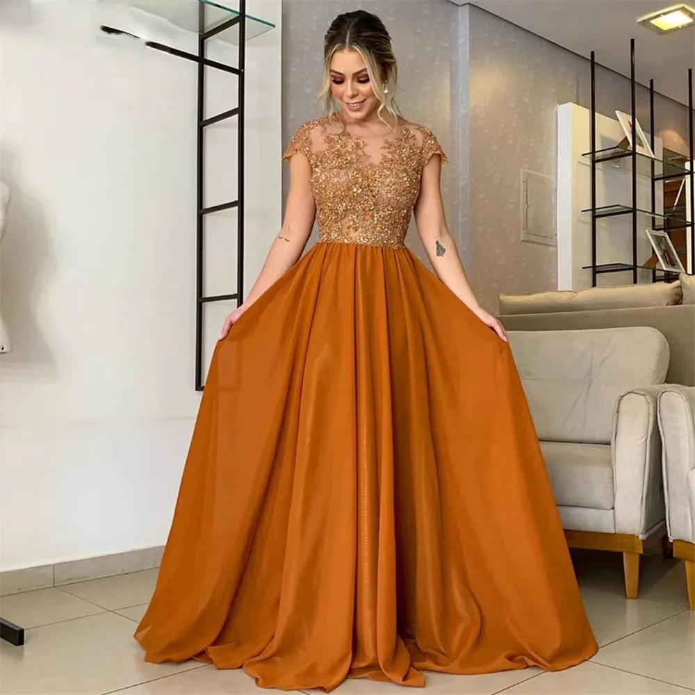 Elegant Short Sleeves Mother Of The Bride Dresses Crystal Beaded A Line Chiffon Long Wedding Guest Dress Lace Appliques Illusion Back Sexy Beach Forma