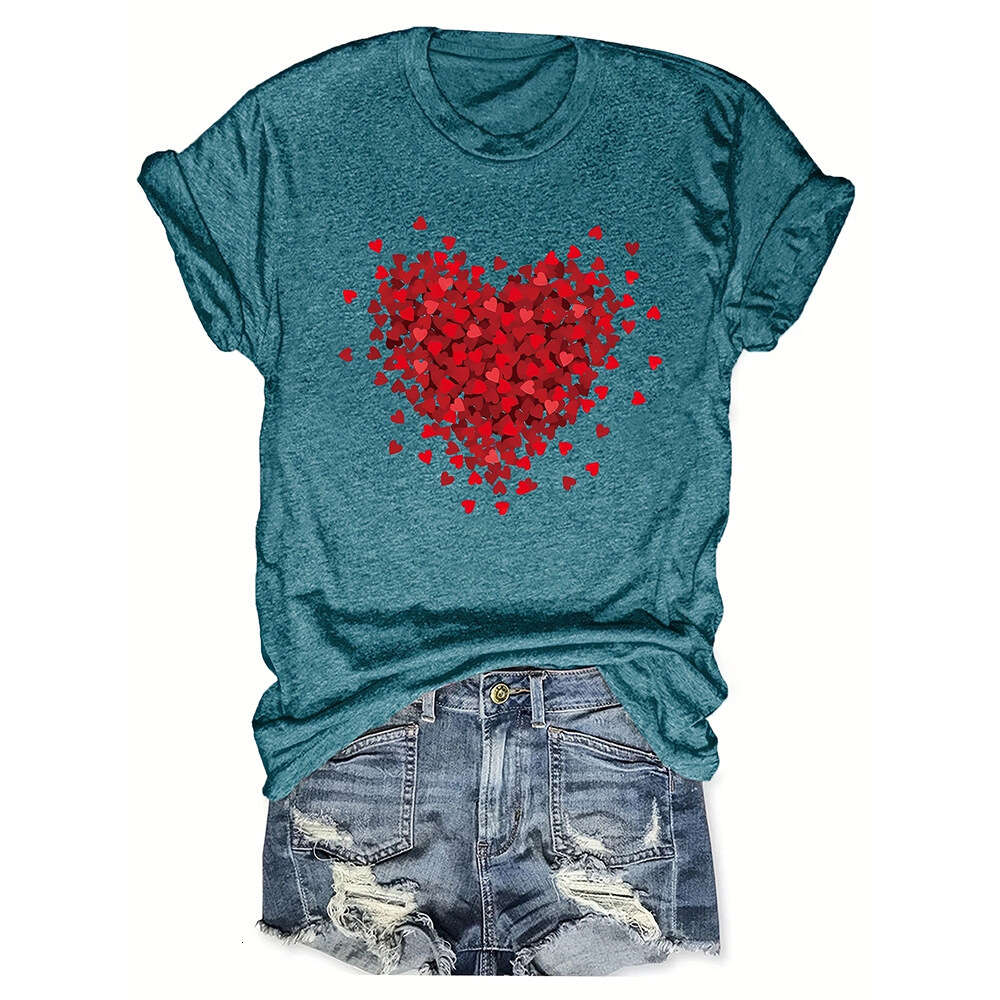 Women's Petal Love Valentine's Day Print Casual Loose Round Neck Short Sleeve T-shirt