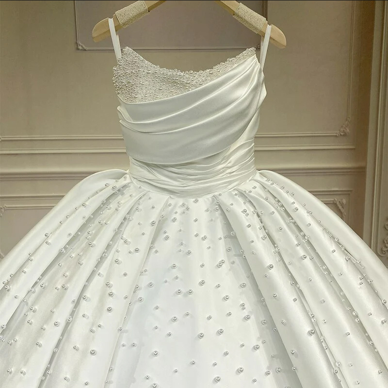 Luxury Lustrous Satin Princess Ball Gown Wedding Dresses Pearl Beaded Off The Shoulder White Ivory Wedding Dress