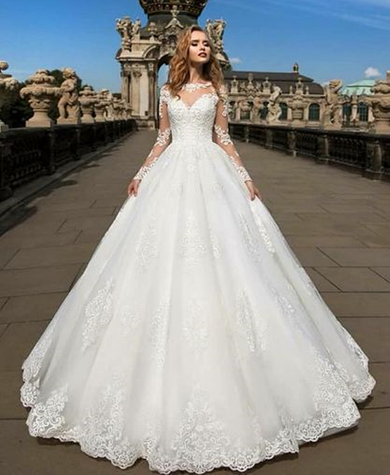 Gorgeous Illusion Neck A Line Wedding Dresses Long Sleeves Backless Ivory Tulle Bridal Gowns Lace Appliques court Train Garden Church Bride Dress 2024