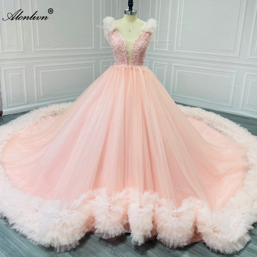 Alonlivn Real Pictures Romance Royal train Ball Gown Wedding Dress Beads Appliques V-Neck Princess Bridal Gowns