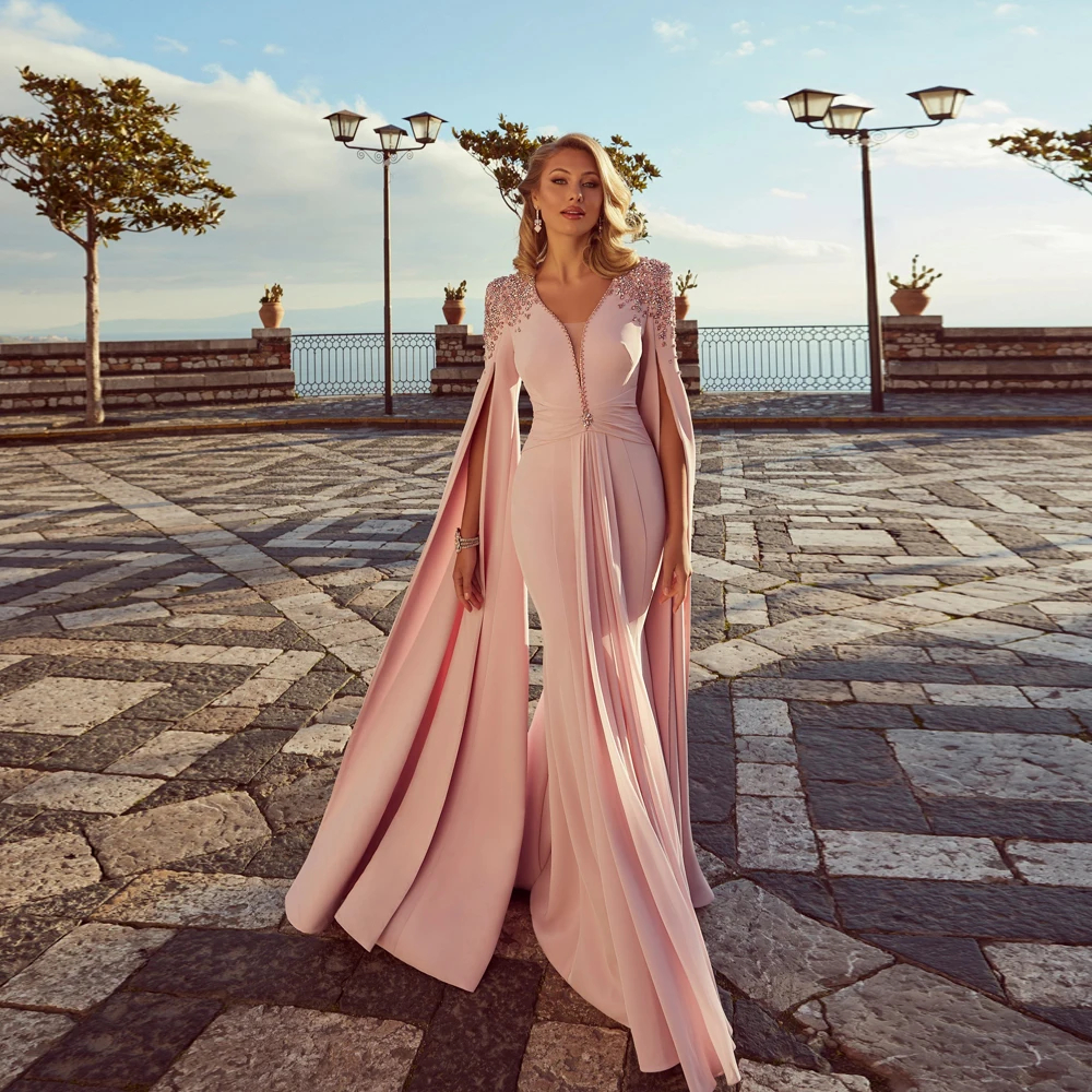Elegant Green Mother Of The Bride Dresses Crystal Beaded V-Neck Cape Sleeves Satin Mermaid Long Wedding Guest Dress For Women 2024 Arabic Dubai Formal