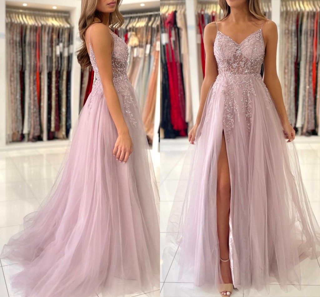 Stunning Pink Chamapgne Blue Prom Dresses A E Spahgetti Straps Split Evening Gowns With Beads Sequins Backless Party Vestidos Bc5488 6660311