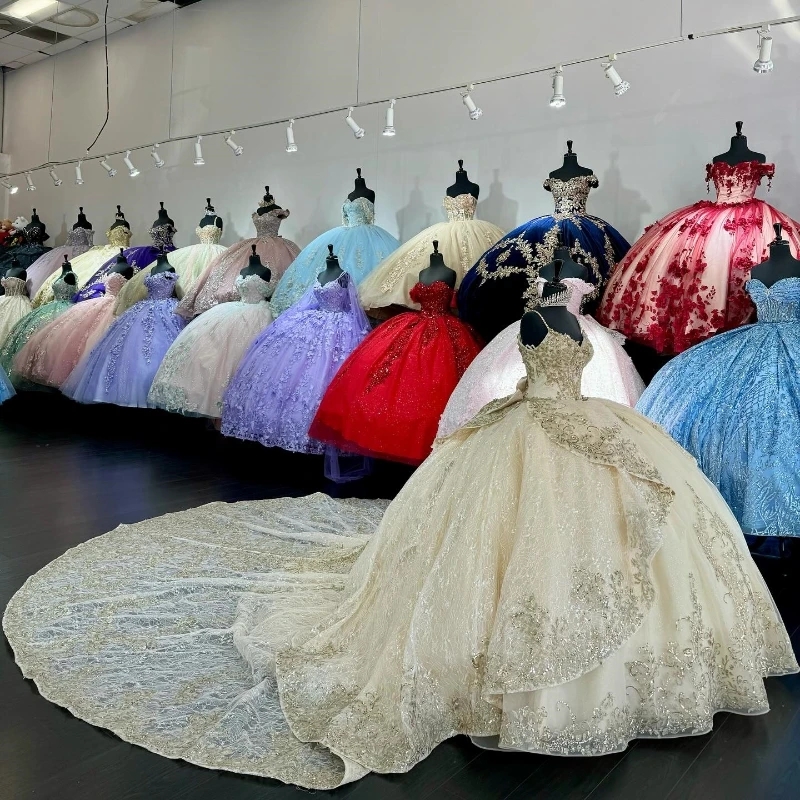 Champagne Light Sexy Spaghetti Strap Quinceanera Dress Sequin Appliques Lace Beads Lace Up Cinderella Vestidos De Anos Up