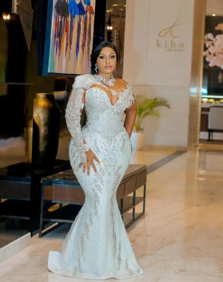 Arabic Aso Ebi White Mermaid Wedding Dresses With Detachable Train Gillter Beaded Crystals Illusion Long Sleeve Bridal Gowns 0509