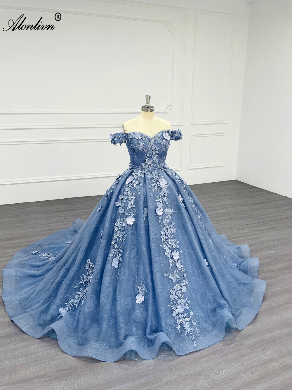 Alonlivn Elegance Off Shoulder Sleeves Ball Gown Wedding Dresses Beaded Embroidery Lace 3D Flowers Sweetheart Princess Bridal Gowns