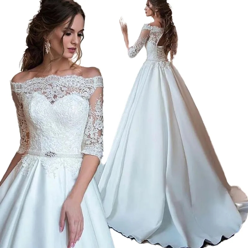 Simple A Line Satin Wedding Dresses Bridal Gowns Bateau Neck Half Sleeves Appliques Lace Open Back Plus Size Custom Made Bride Dress robes de mariee