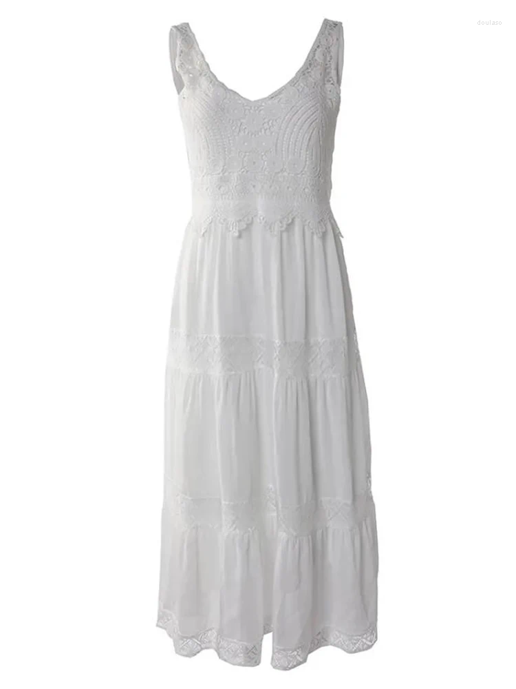 Casual Dresses Boho White Long Women Summer Off Shoulder V-Neck High Waist Lace Dress Beach Holiday Midi Vestidos De Mujer