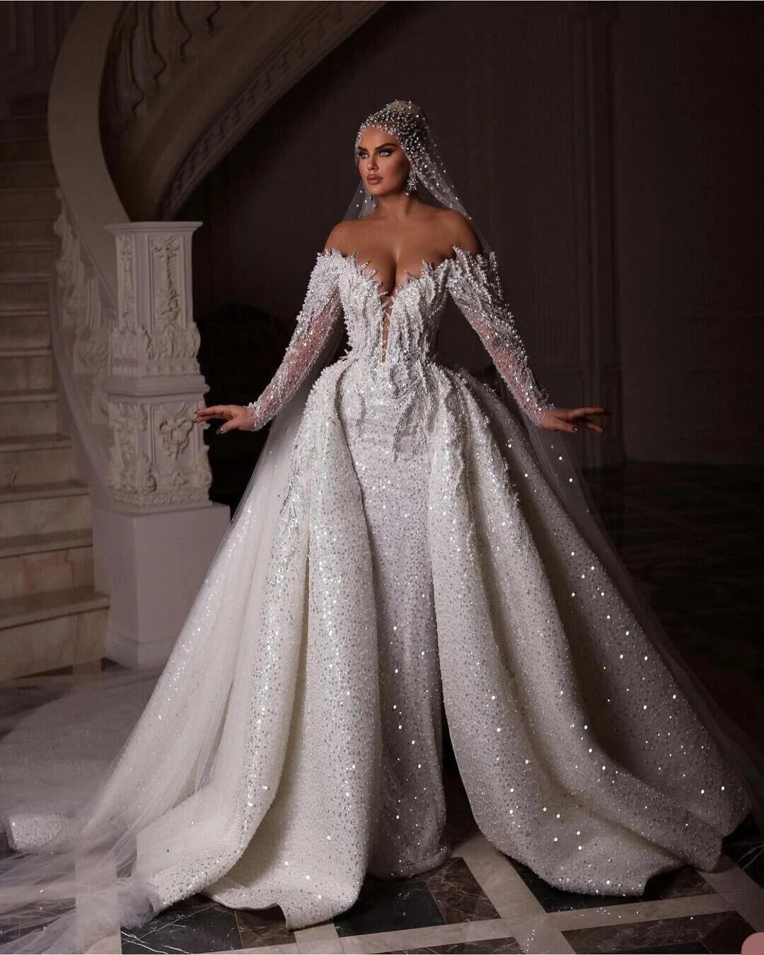 Wedding Sequins Pearls Mermaid Bridal Gowns With Overskirts Off Shoulder Beading Bride Dresses Custom Made 0219