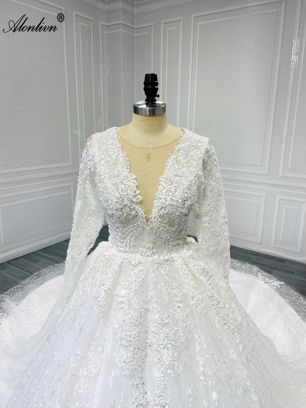 Alonlivn Classic Floral Prints Full Sleeves V-neck A-line Wedding Dress Enchanting Embroidery Lace Royal Train Bridal Gowns