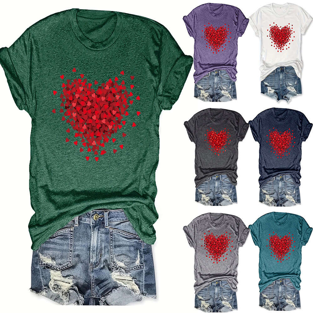 Women's Petal Love Valentine's Day Print Casual Loose Round Neck Short Sleeve T-shirt