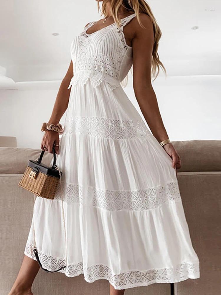 Casual Dresses Boho White Long Women Summer Off Shoulder V-Neck High Waist Lace Dress Beach Holiday Midi Vestidos De Mujer