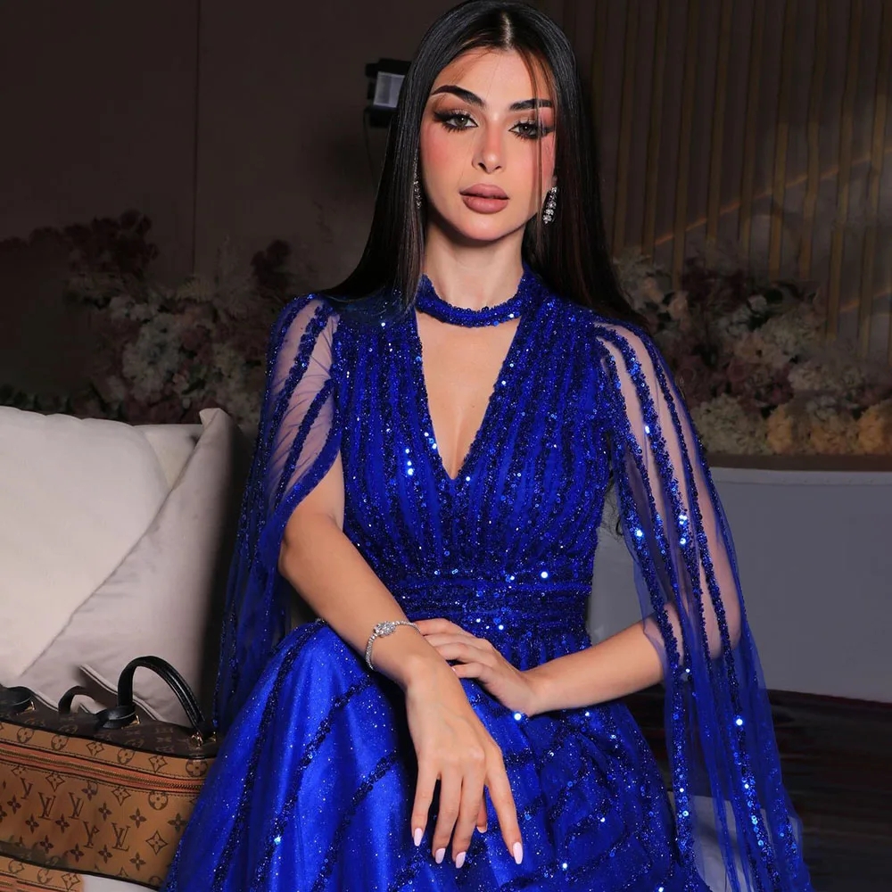 Arabic Royal Blue Evening Dress Cape Sleeves Elegant V-Neck A-Line Floor-Length Sparkly Sequin Women Formal Gowns For Engagement Party Robe De Soiree