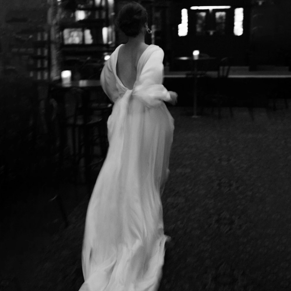 V Neck Long Puff Sleeves Bobo Wedding Dress 2024 A Line Backless High Slit Sweep Train Simple Chiffon Bridal Gown Robe De Soiree