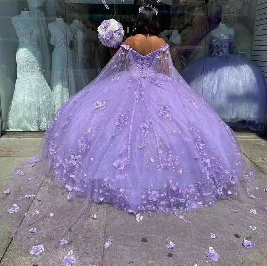 Glitter Purple Quinceanera Dresses Spaghetti Strap With Wrap Sweet 15 Gowns 3D Flower Bead Vestidos 16 Prom Party Wears Bc13035
