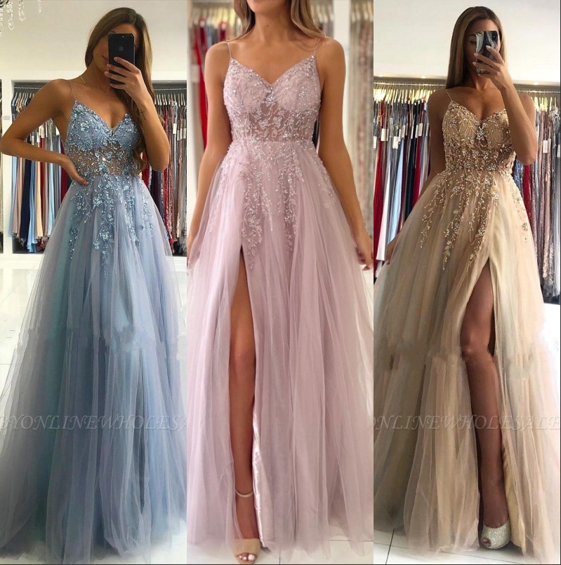Stunning Pink Chamapgne Blue Prom Dresses A E Spahgetti Straps Split Evening Gowns With Beads Sequins Backless Party Vestidos Bc5488 6660311