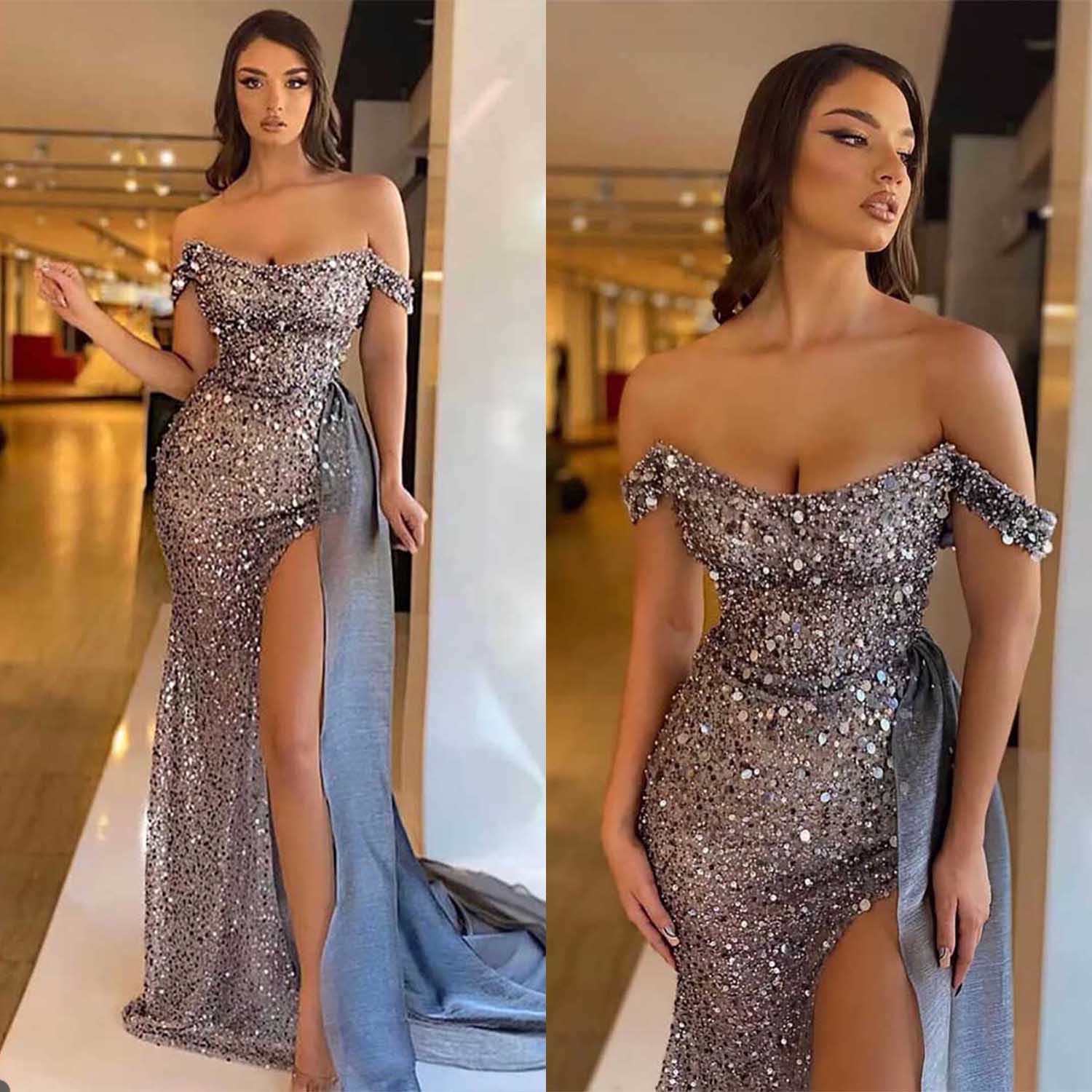 Sparkly Silver Mermaid Evening Dresses Scoop Detachable Sequined Applique Beaded Gowns Sweep Train Vestidos De Noche Formal Prom Dress L24205