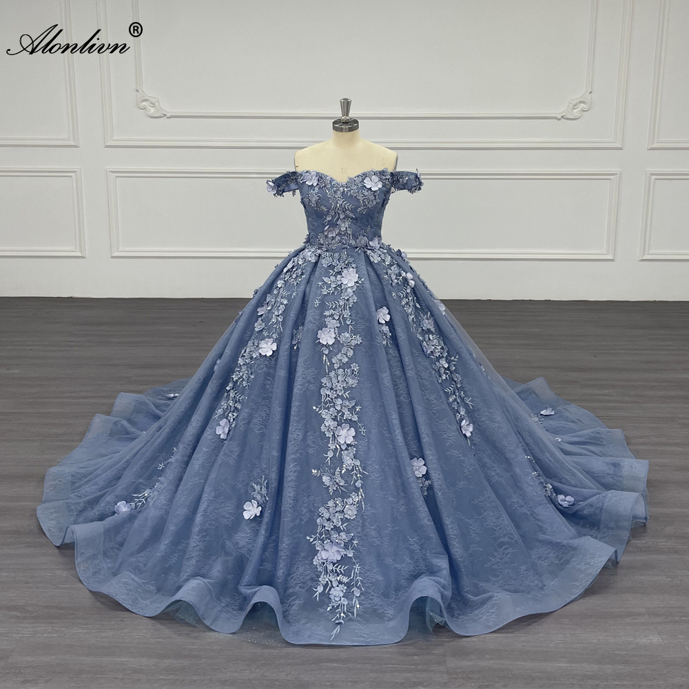 Alonlivn Elegance Off Shoulder Sleeves Ball Gown Wedding Dresses Beaded Embroidery Lace 3D Flowers Sweetheart Princess Bridal Gowns