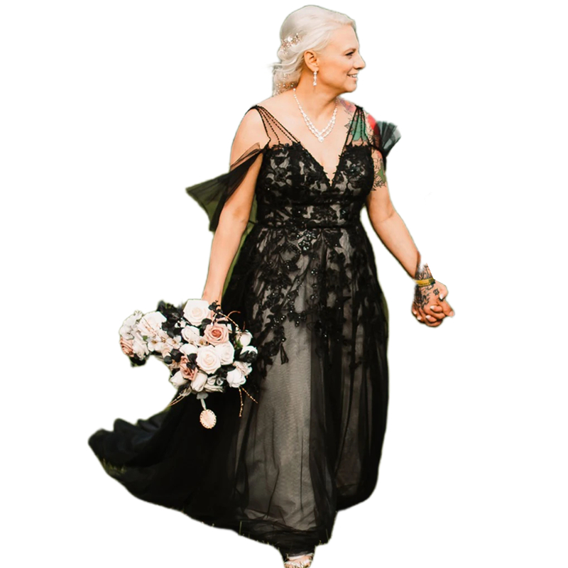 Gothic Black A Line Wedding Dresses Deep V-neck Plus Size Long Tulle Bridal Gowns Beaded Lace Appliques Court Train Wedding Anniversary Formal Gowns F