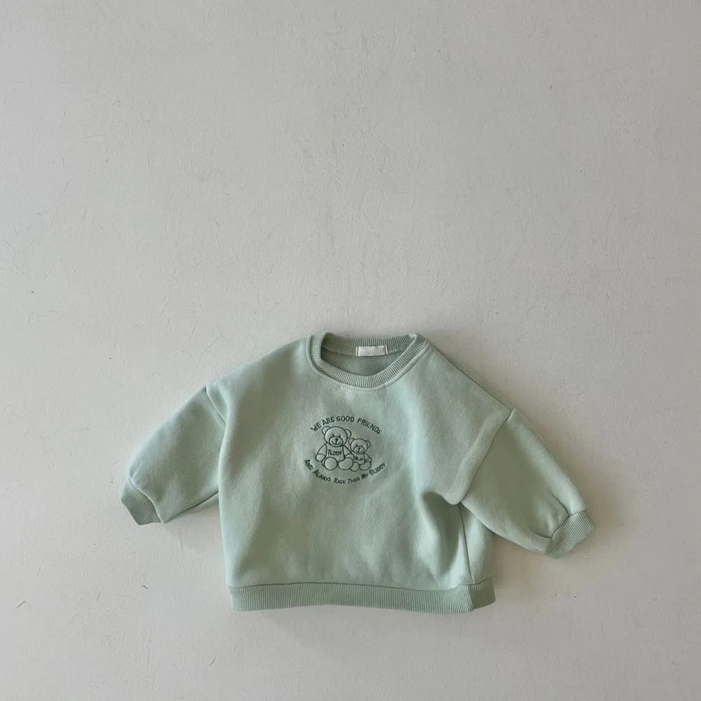 Korean Autumn Infant Boys Sweatshirt Cotton Long Sleeve Plus Velvet Cartoon Pullover Baby Tops born Outfits 240220