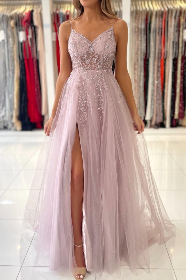 Stunning Pink Chamapgne Blue Prom Dresses A E Spahgetti Straps Split Evening Gowns With Beads Sequins Backless Party Vestidos Bc5488 6660311
