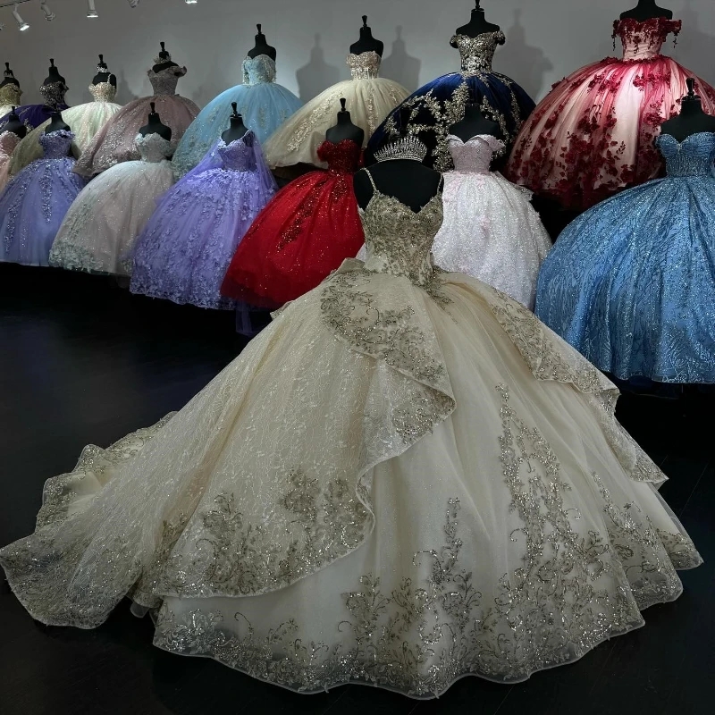 Champagne Light Sexy Spaghetti Strap Quinceanera Dress Sequin Appliques Lace Beads Lace Up Cinderella Vestidos De Anos Up