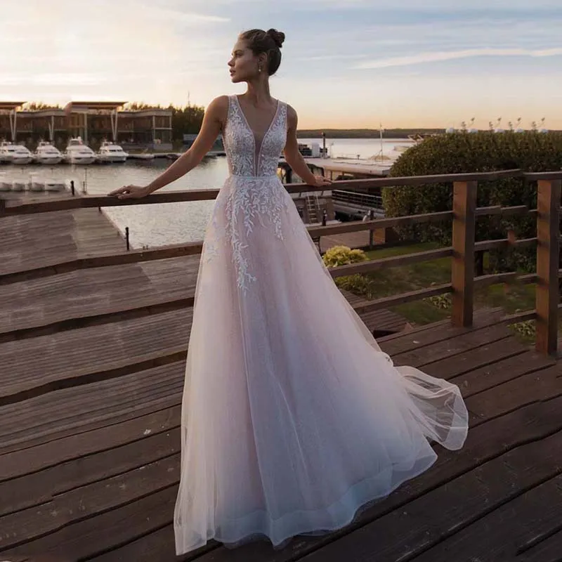 Light Pink Princess Beach A E Sleeveless V Neck Appliqued Bride Dress Tulle Boho Wedding Gowns 0219