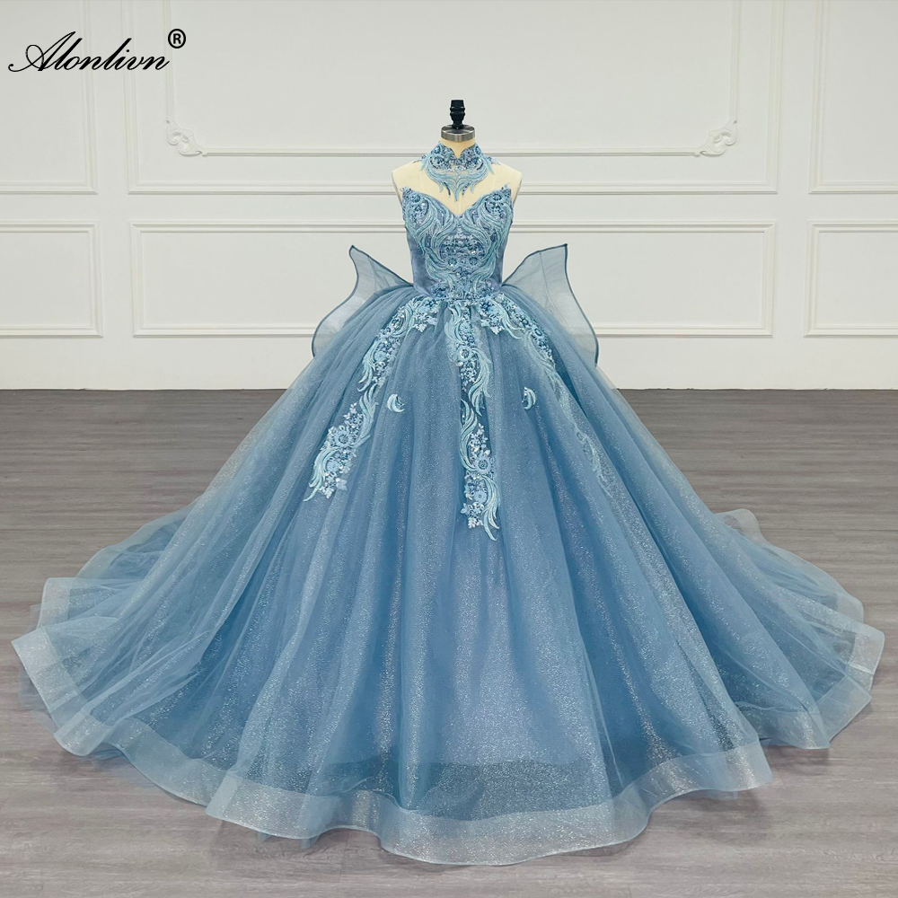 Alonlivn Stunning Tulle Off Shoulder Ball Gown Wedding Dress Elegance Beaded Embroidery Lace Sweetheart Princess Bridal Gowns With Bow
