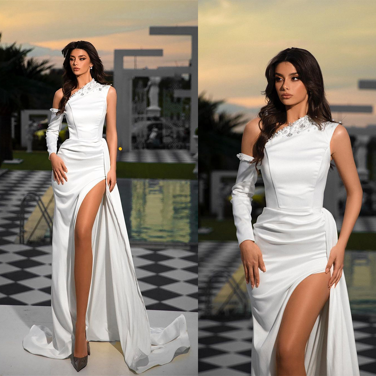 Elegant Mermaid Wedding Dresses Pearls Bridal Gowns One Shoulder Side Split Bride Dresses Long Sleeve Custom Made Plus Size