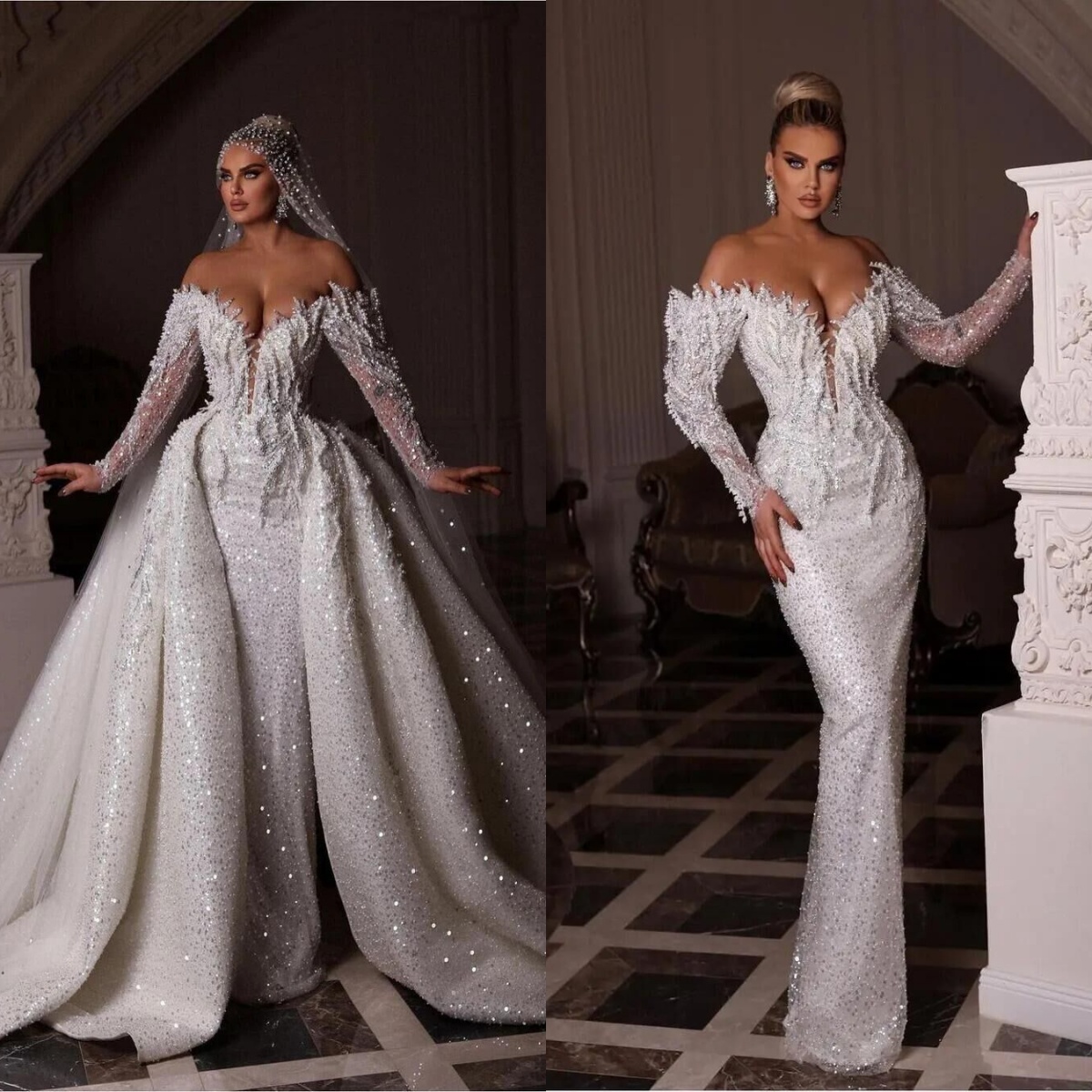 Wedding Sequins Pearls Mermaid Bridal Gowns With Overskirts Off Shoulder Beading Bride Dresses Custom Made 0219