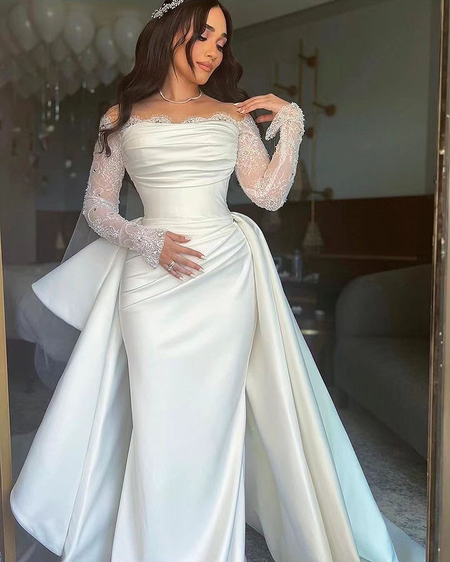 White Mermaid Dresses Formal Off The Shoulder Lace Stain Long Sleeve Bridal Dress Boho Beach Wedding Gowncustom Size Vestidos De Novia 326 322