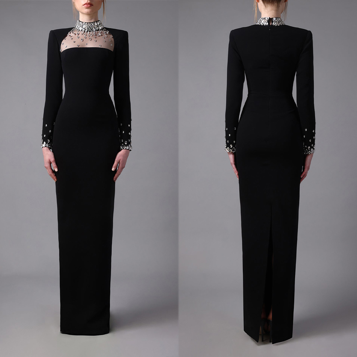 Vintage Women Evening Dresses High Collar Long Sleeves Prom Gowns Crystal Beside Side Dress For Party Custom Made robe de soiree