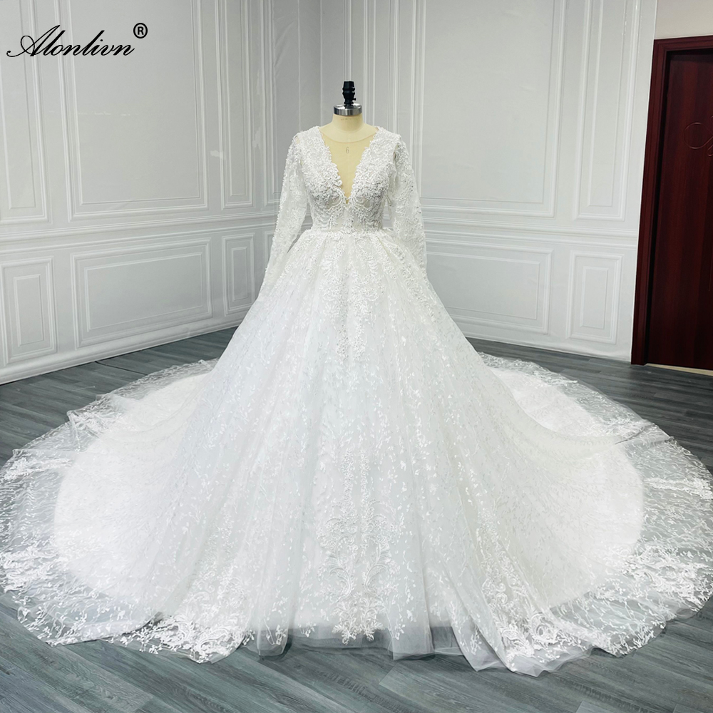 Alonlivn Classic Floral Prints Full Sleeves V-neck A-line Wedding Dress Enchanting Embroidery Lace Royal Train Bridal Gowns