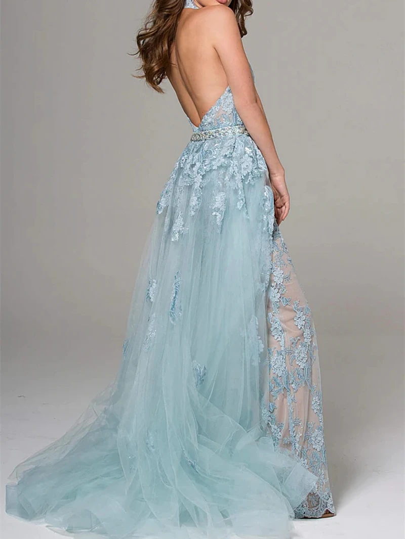 Lace Prom Modern Jumpsuits Dresses with Detachable Train Appliques Halter Neck Evening Wear Sexy Backless Long Formal Party Gowns for Women