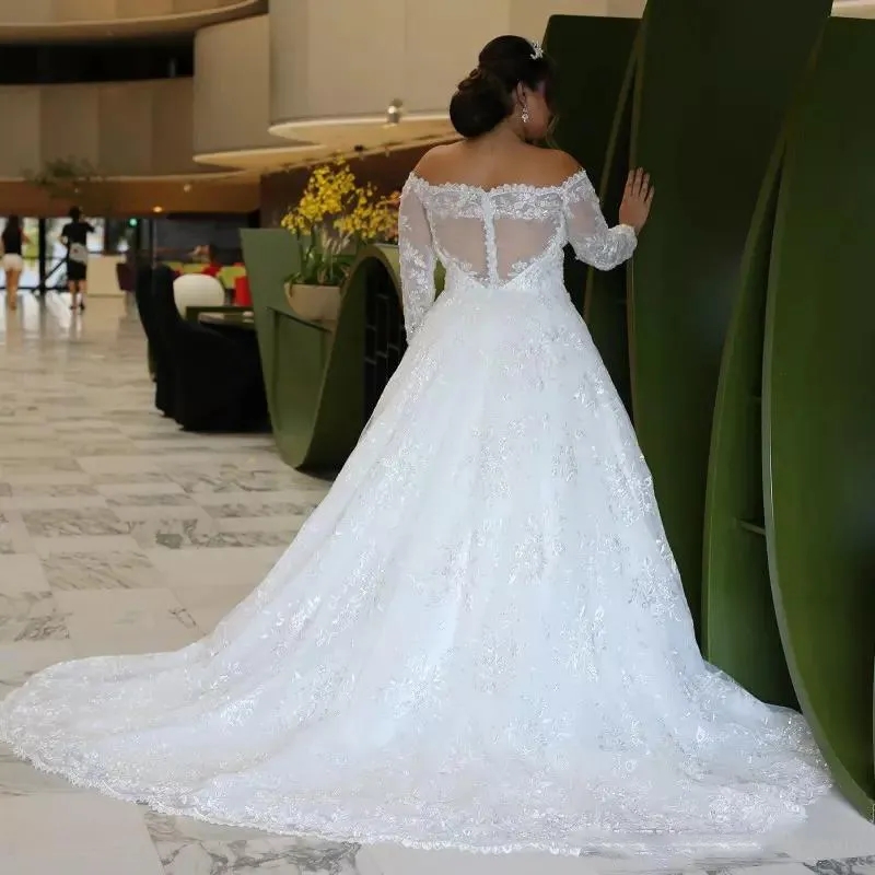 Amazing Lace Plus Size Wedding Dresses Off The Shoulder Sheer Long Sleeves Bridal Gowns A Line Illusion Back Sweep Train Wedding Vestidos