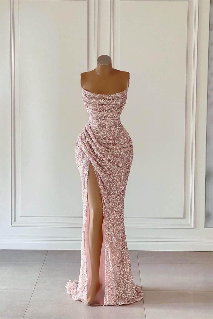 Rose Gold Pink Sequins Prom Dresses Sexy Mermaid Strapless Split High Evening Gowns African Girls Formal Party Occasion Gowns Custom Made BC15182