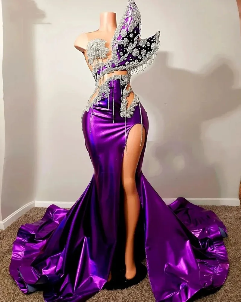 Sparkly Sexy Purple Prom Dress 2024 Illusion Beads Crystal High Side Split Formal Birthday Party Gowns Robe De Bal 0223 6660305