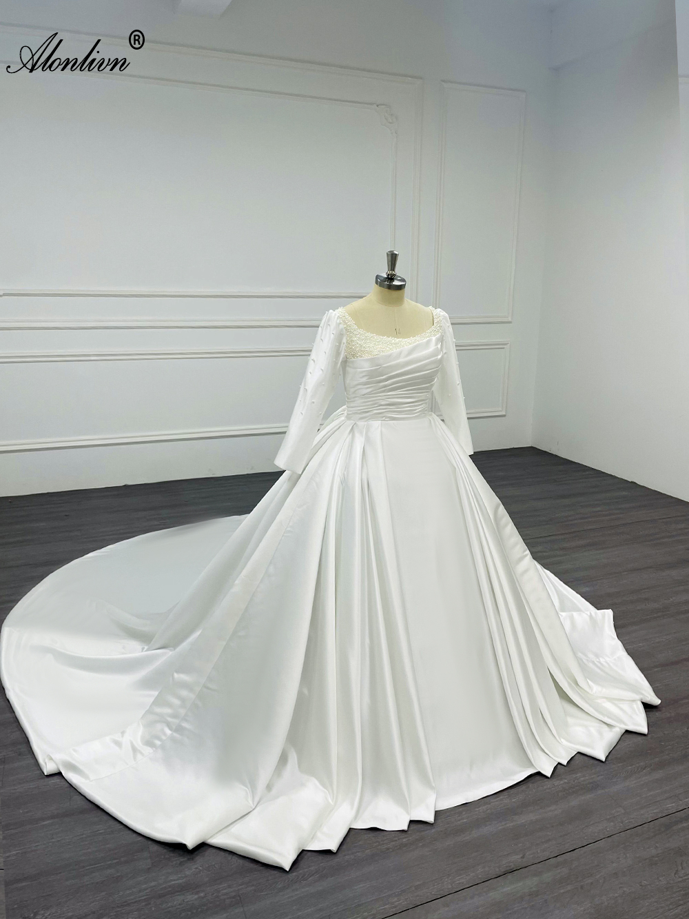 Alonlivn Lustrous Satin Princess Ball Gown Wedding Dresses Pearl Beaded Pearls Square Collar Full Sleeves White Ivory Bridal Gowns