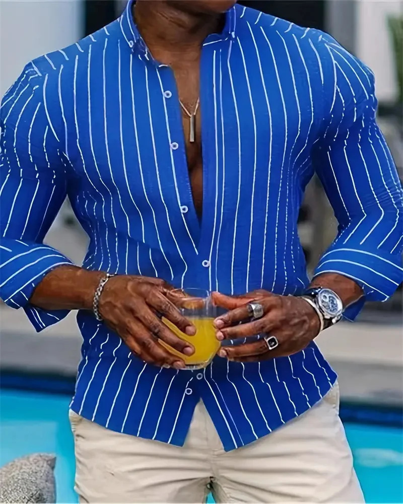 Mens Fashion Loose Striped Pattern Shirt Casual Breathable Lapel Button Long Sleeve Top Comfortable Soft Fabric 6XL 240219