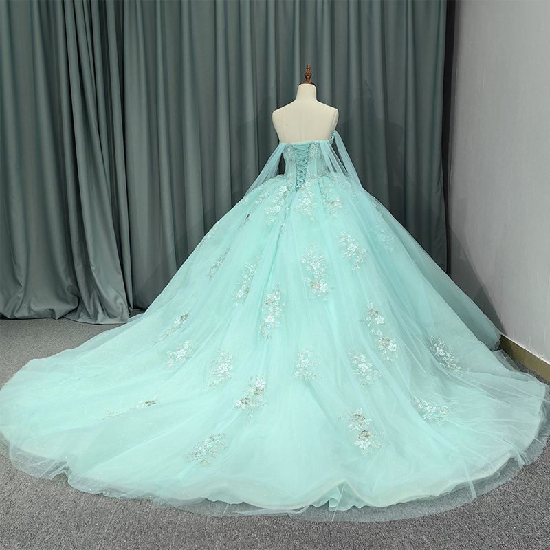 Mexico Light Green Off The Shoulder Ball Gown Quinceanera Dresses Beaded Applique Lace Tull Birthday Party Gowns Sweet 16 Dress Vestidos De 15 Anos