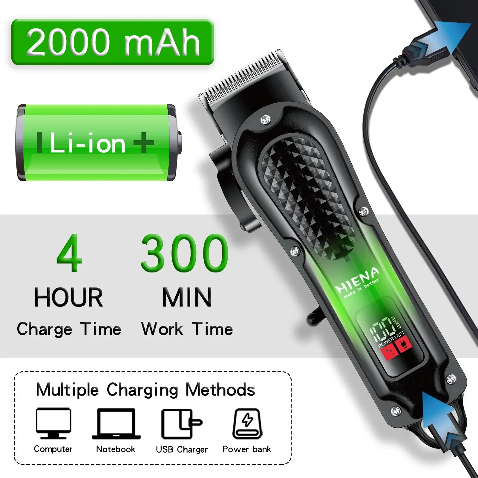 Hiena HYN-212 Electric Hair Clipper UBS Rechargeable Cordless Beard Trimmer Men Powerful Electric Hair Clipper Trimming Tool 240223