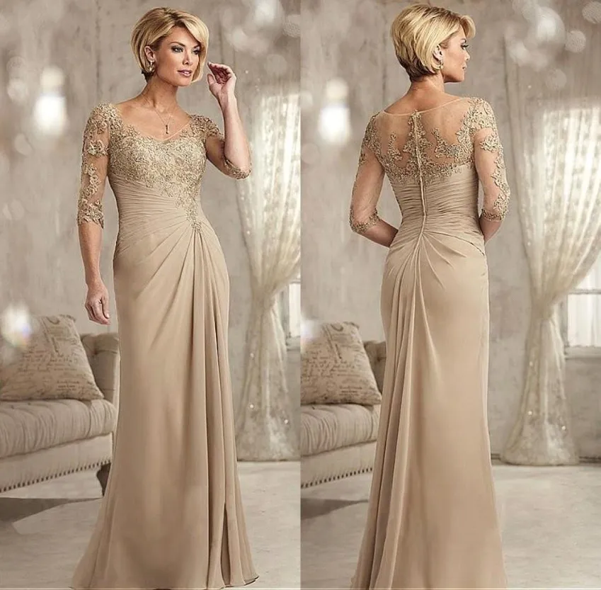 Vintage Champagne Mother Of Bride Groom Dresses 3 4 Sleeve Sheer Neck Appliques Beads Chiffon Long Evening Ocn Gowns Formal For Women Bc1525 Lz0304