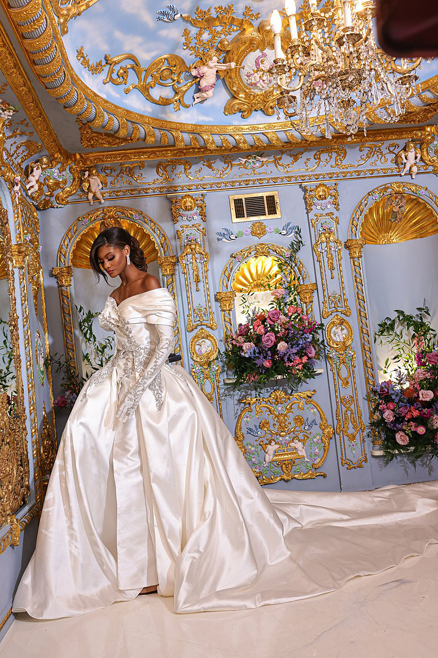 Ebi African Aso Princess Mermaid Wedding Dresses with Detachable Crystal Embroidery Slit Puffy Train Bateau Bridal Gown Robes De Mariee 2024 326