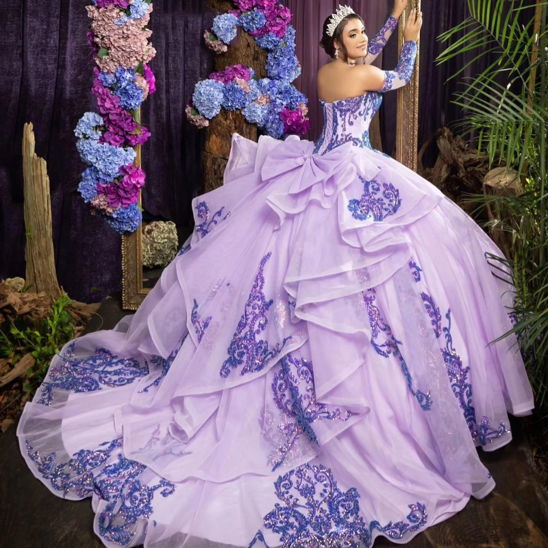 Lilac Shiny Quinceanera Dress Off the Shoulder Ball Gown Lace Applique Beads Tull Corset Sweet 16 Vestidos De 15 Anos