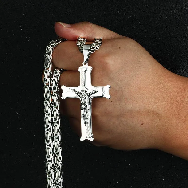 Pendant Necklaces Gold Color Fish Bone Pattern Cross Necklace Men Stainless Steel Crucifix Jesus Link Chain Catholic Jewelry GiftPendant