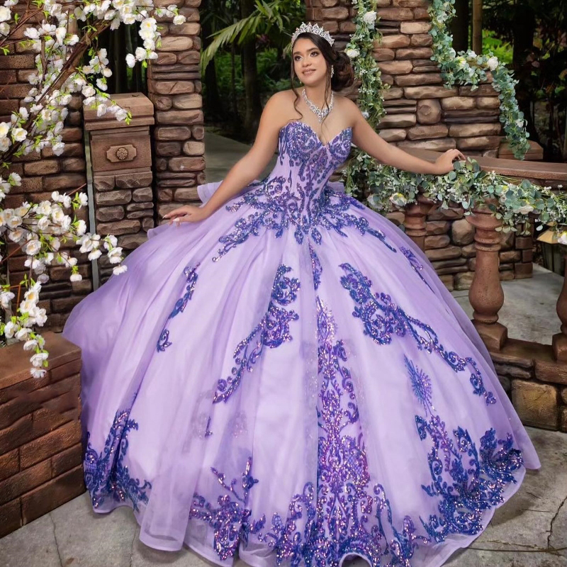 Lilac Shiny Quinceanera Dress Off the Shoulder Ball Gown Lace Applique Beads Tull Corset Sweet 16 Vestidos De 15 Anos