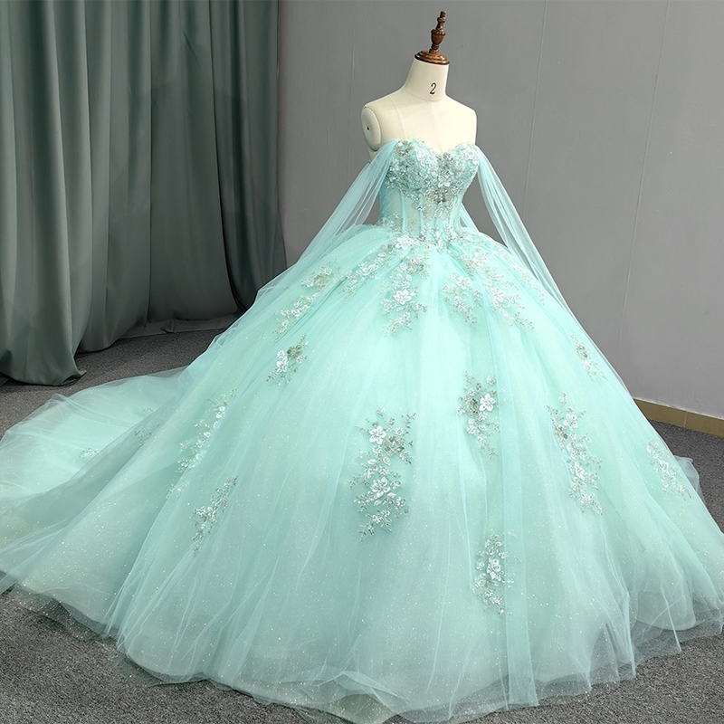Mexico Light Green Off The Shoulder Ball Gown Quinceanera Dresses Beaded Applique Lace Tull Birthday Party Gowns Sweet 16 Dress Vestidos De 15 Anos