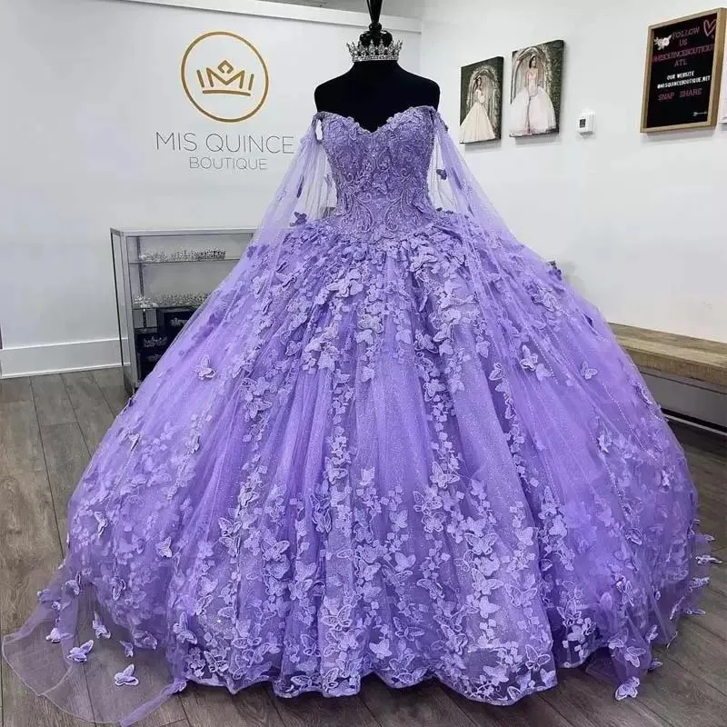 Lilac Lavender Butterfly Quinceanera Dresses With Cape Lace Applique Sweet Dress Mexican Prom Gowns Vestidos De