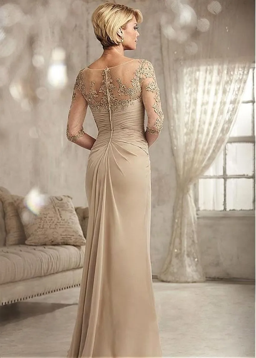 Vintage Champagne Mother Of Bride Groom Dresses 3 4 Sleeve Sheer Neck Appliques Beads Chiffon Long Evening Ocn Gowns Formal For Women Bc1525 Lz0304